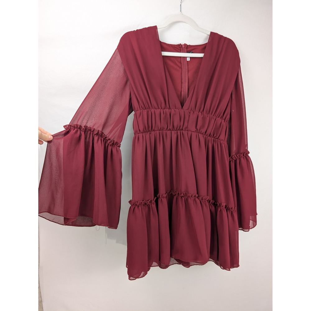 Boho Sheer Ruffle Tiered Mini Dress Size XL Red Fairy Romantic Babydoll Lined